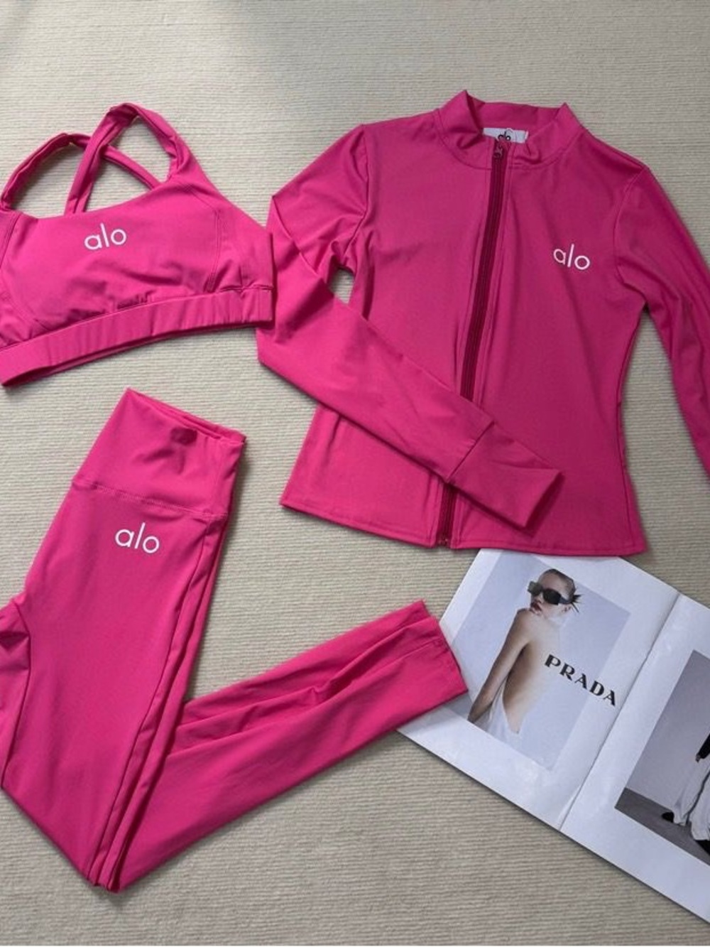 ALO Yoga Womens Hot Pink 3-Piece Active Set - Sports Bra, Jacket & Leggings